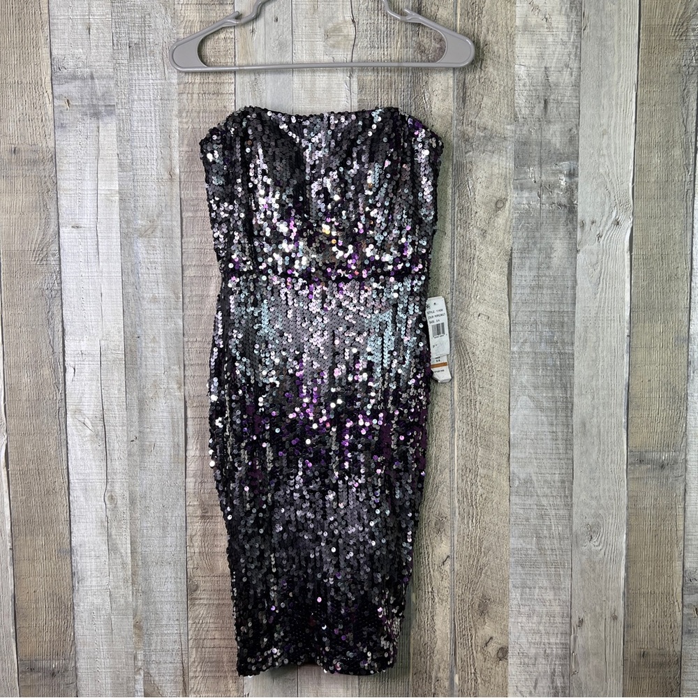 Jump Apparel Size 3/4 Plum Silver Black Sequined Sleeveless Strapless Mini Dress